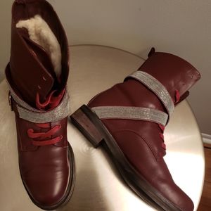 Brunello Cucinelli Burgundy Leather Ankle Boots Size 39